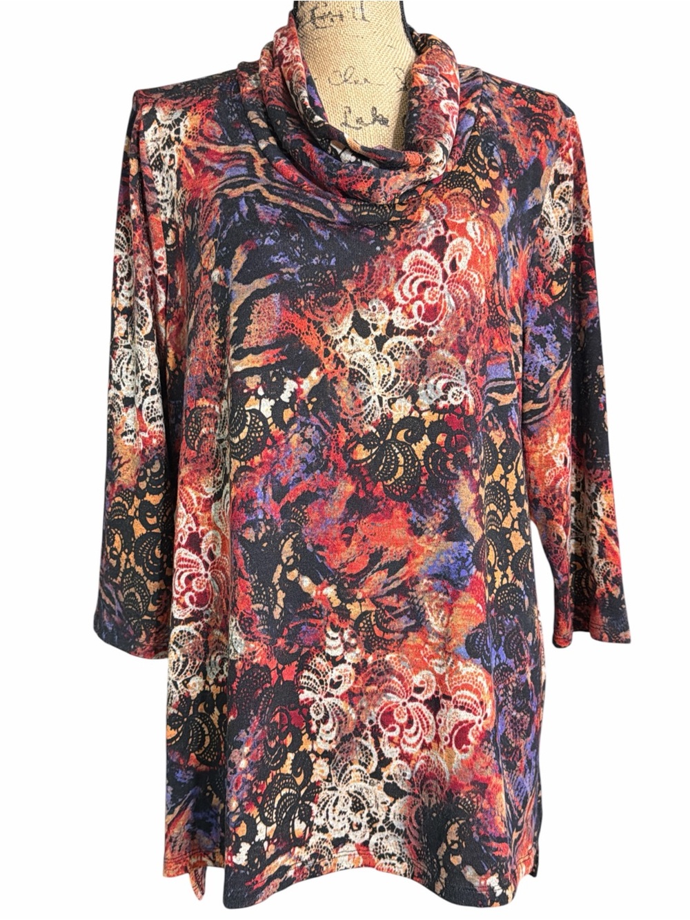new directions Cowl Neck Tunic in Multi-Color Abstract Print EC. Size X-Large